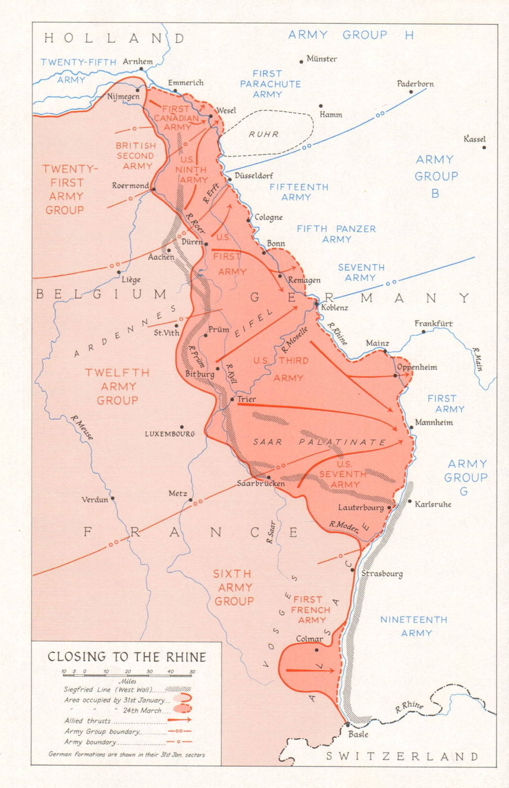 Allies advance. Closing to the Rhine, February-March 1945. Germany WW2 1968 map